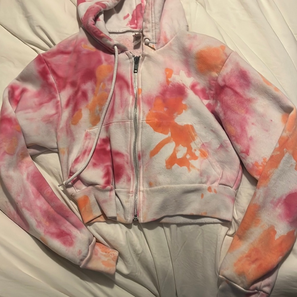 cropped pink and orange tie dye hoodie, can pair with anything